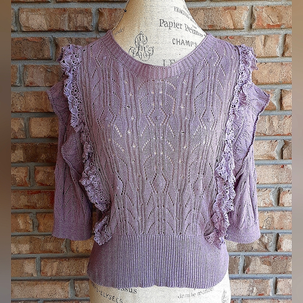 KARLIE Purple Knit Shoulder Ruffle Sweater.